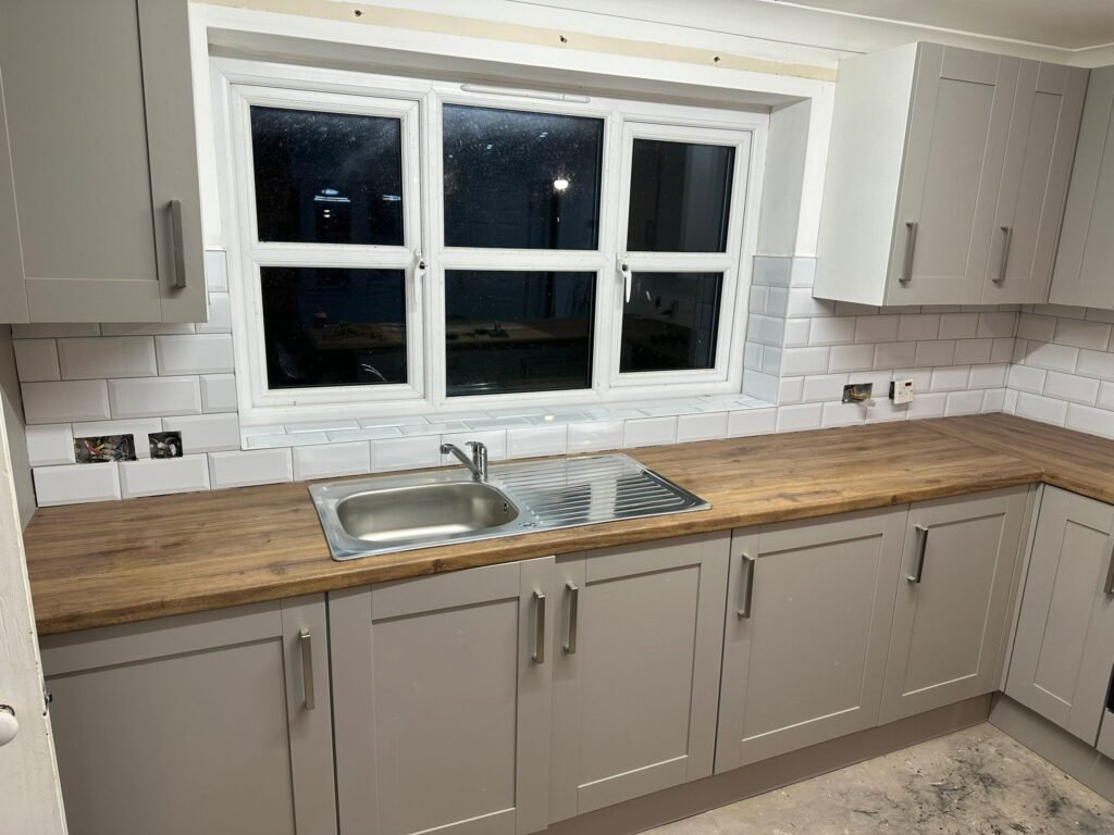 Cottage style kitchen worktop fitted and sink installed
