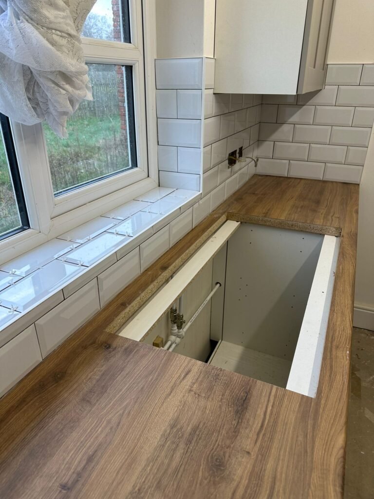 Cottage style kitchen worktop fitted and sink installed