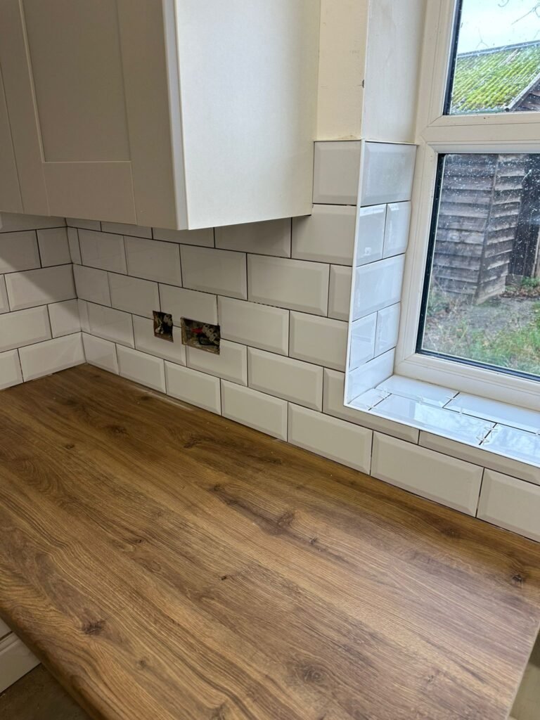 Work top installed, walls tiled, ready for 2nd fix electrical accessories